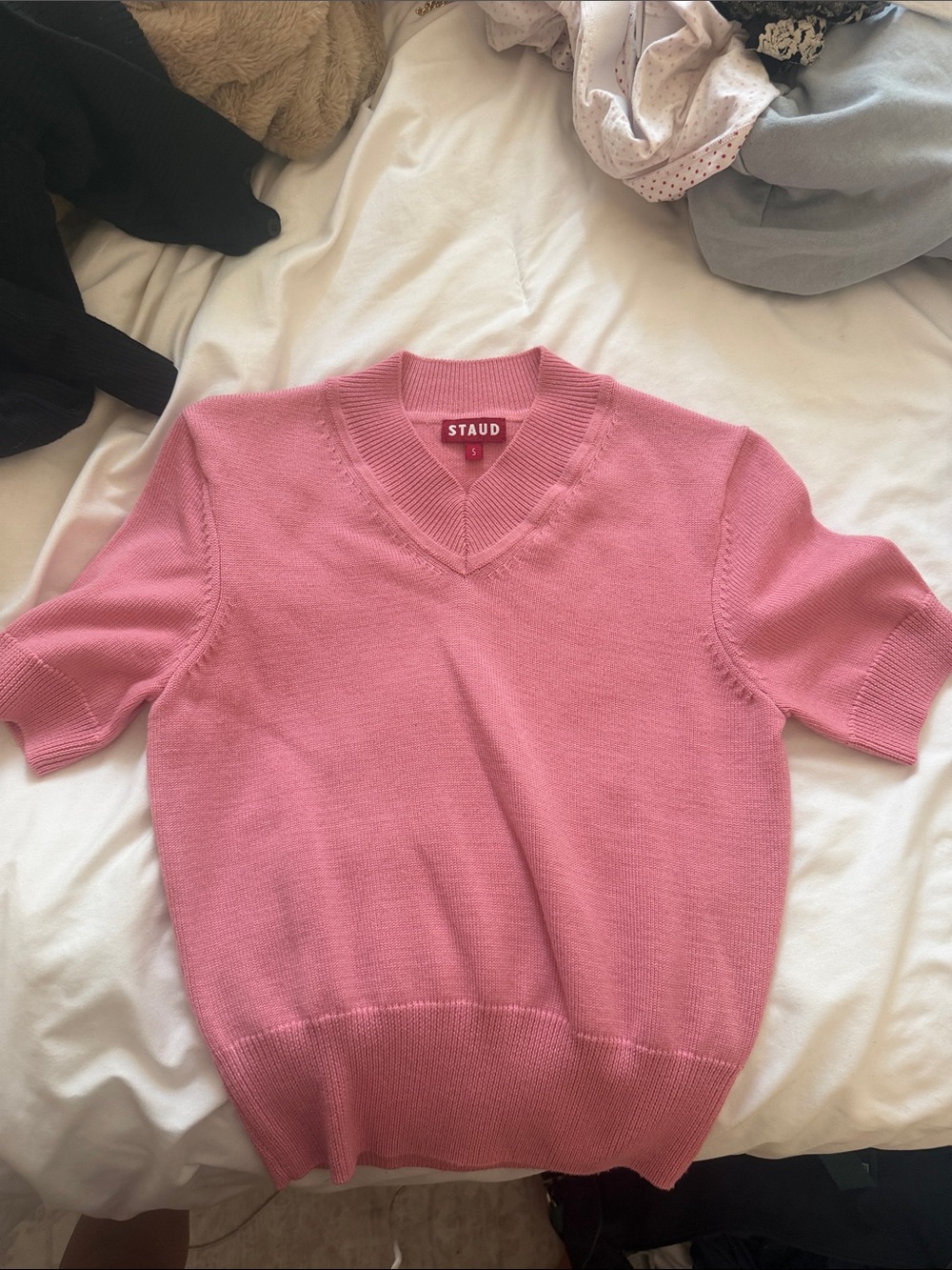 STAUD Pink V-Neck Short Sleeve Knit Top